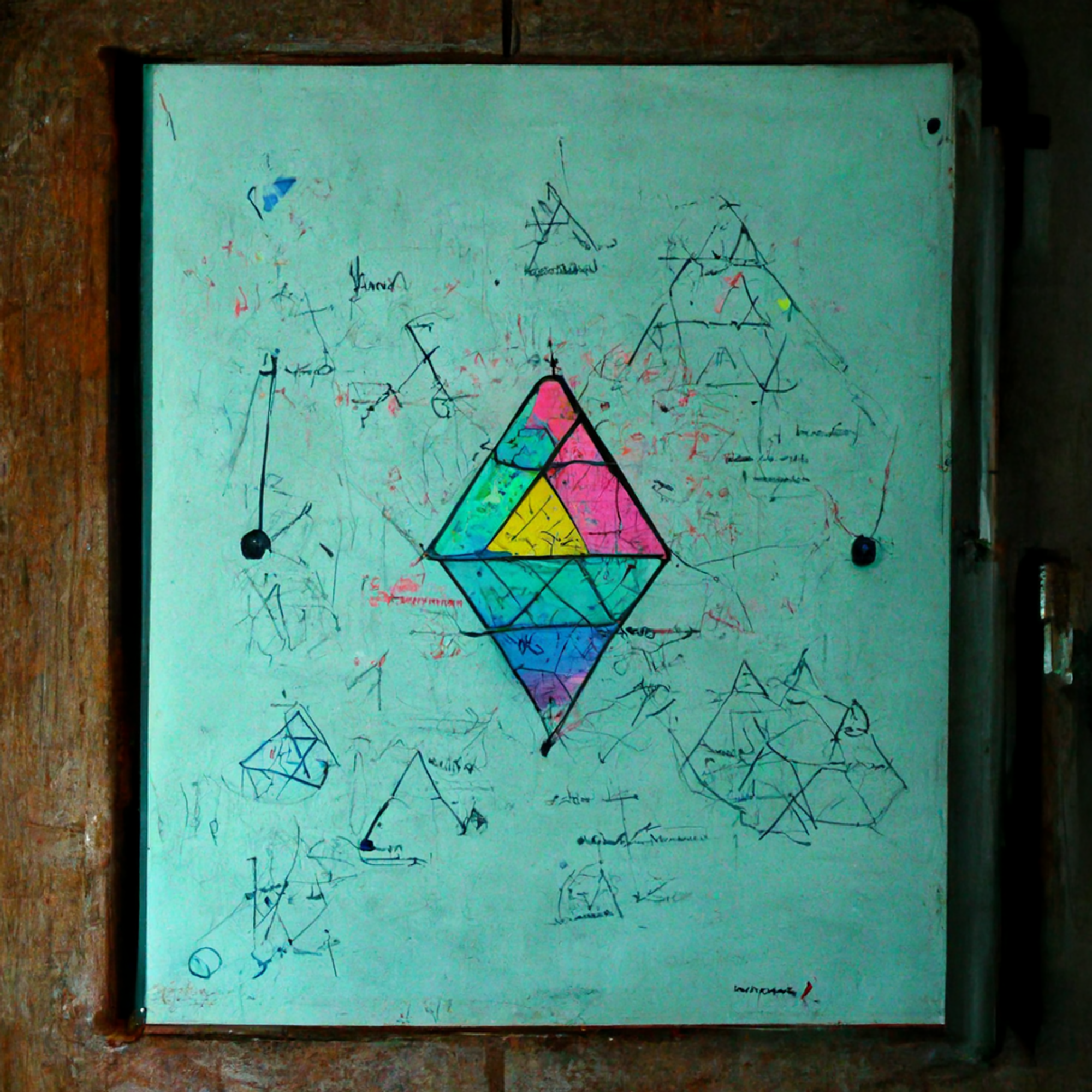 /imagine a white board with a triangle, a diamond, a hexagon, and an octogon, in different colors, with various colored scribbles and arrows all around them