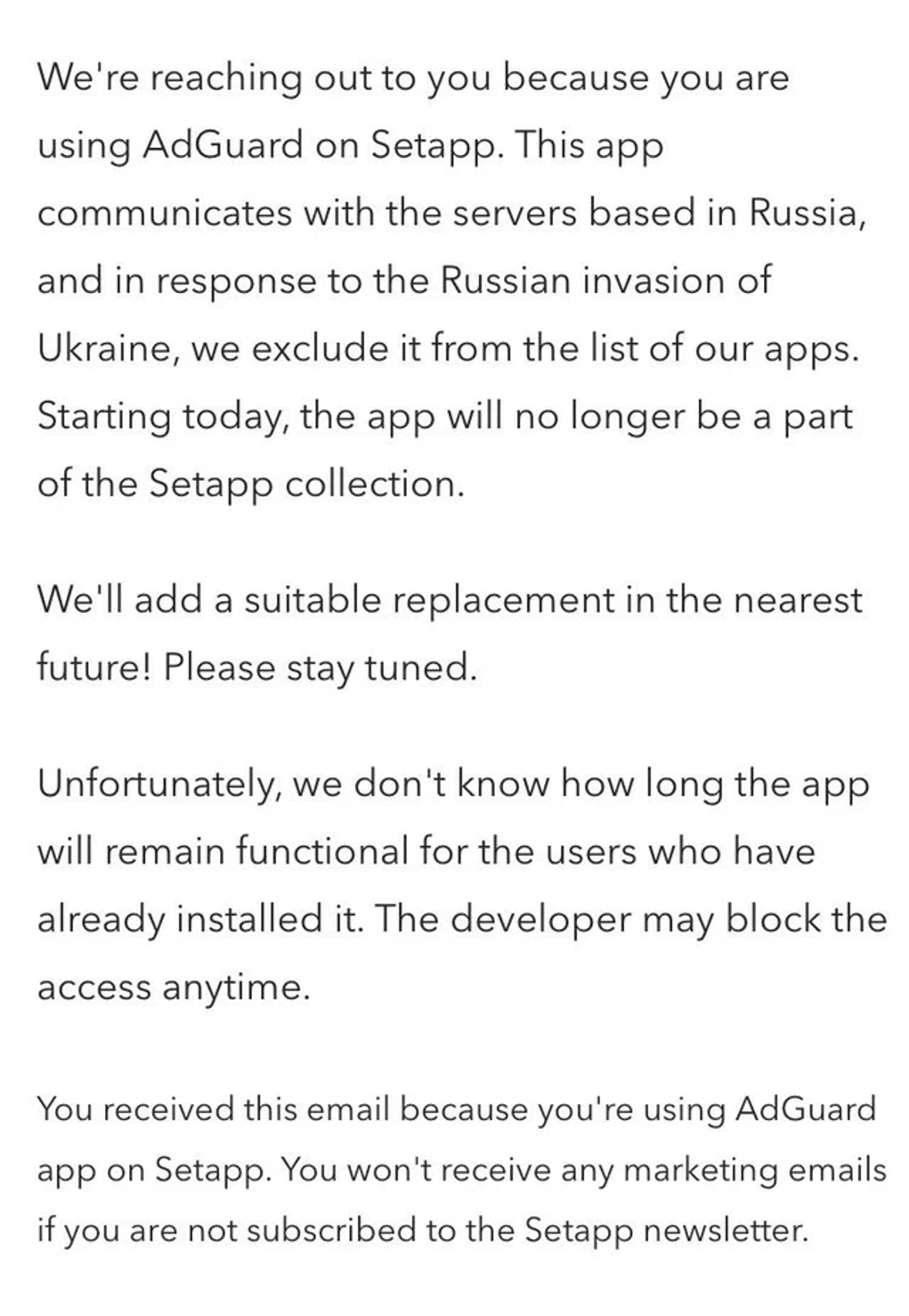 Email from Setapp (Source: Reddit)