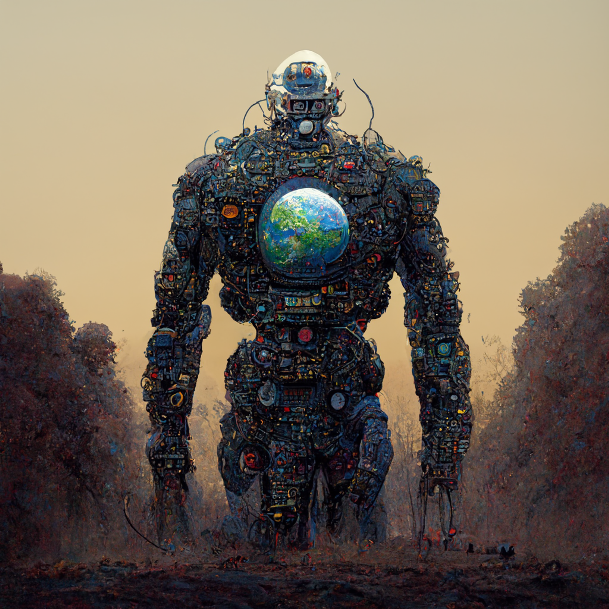 /imagine a highly detailed illustration of a giant humanoid robot with circuit skin eating planet earth
