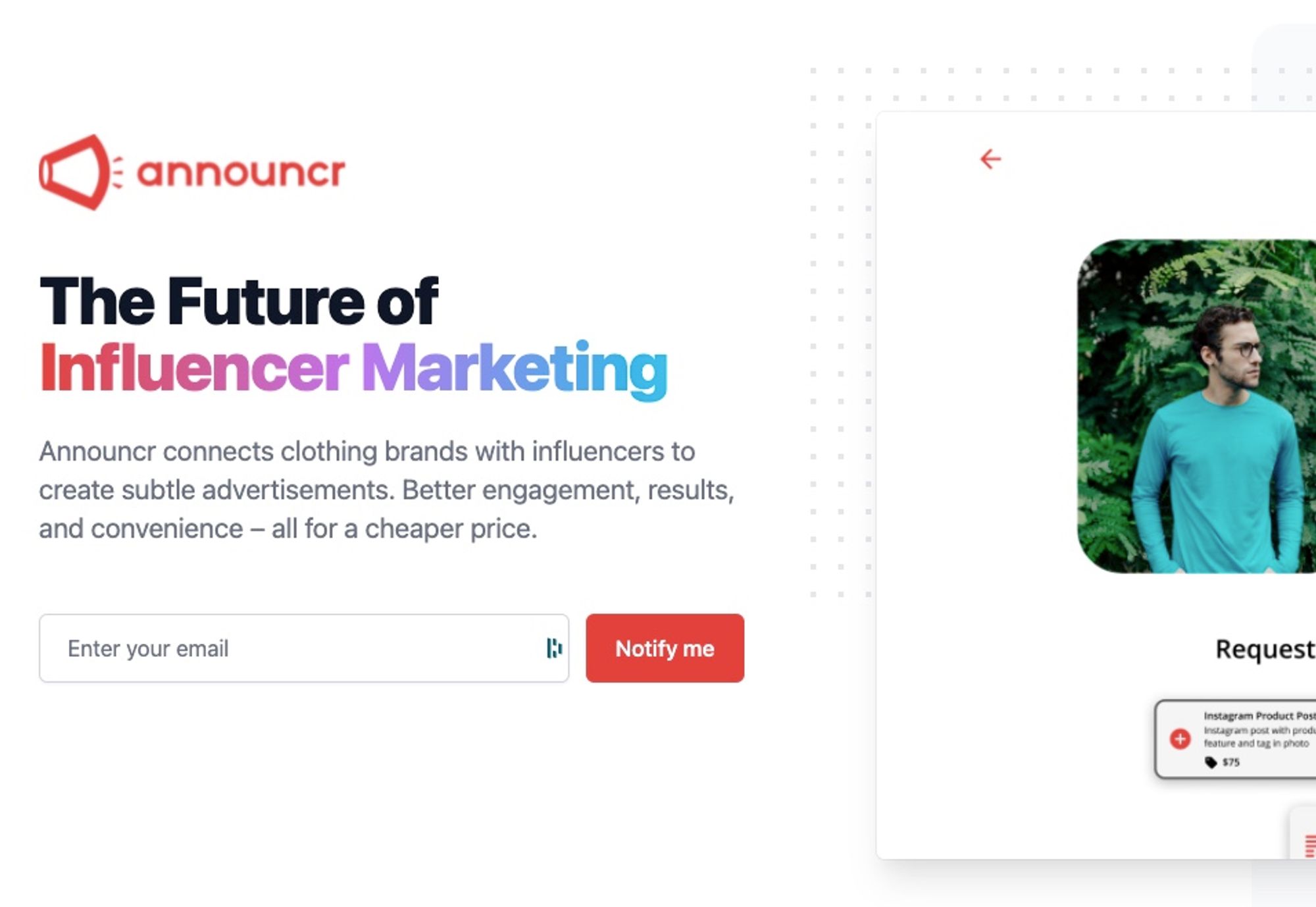 Announcr's landing page. Check it out to learn how we advertise without ads!