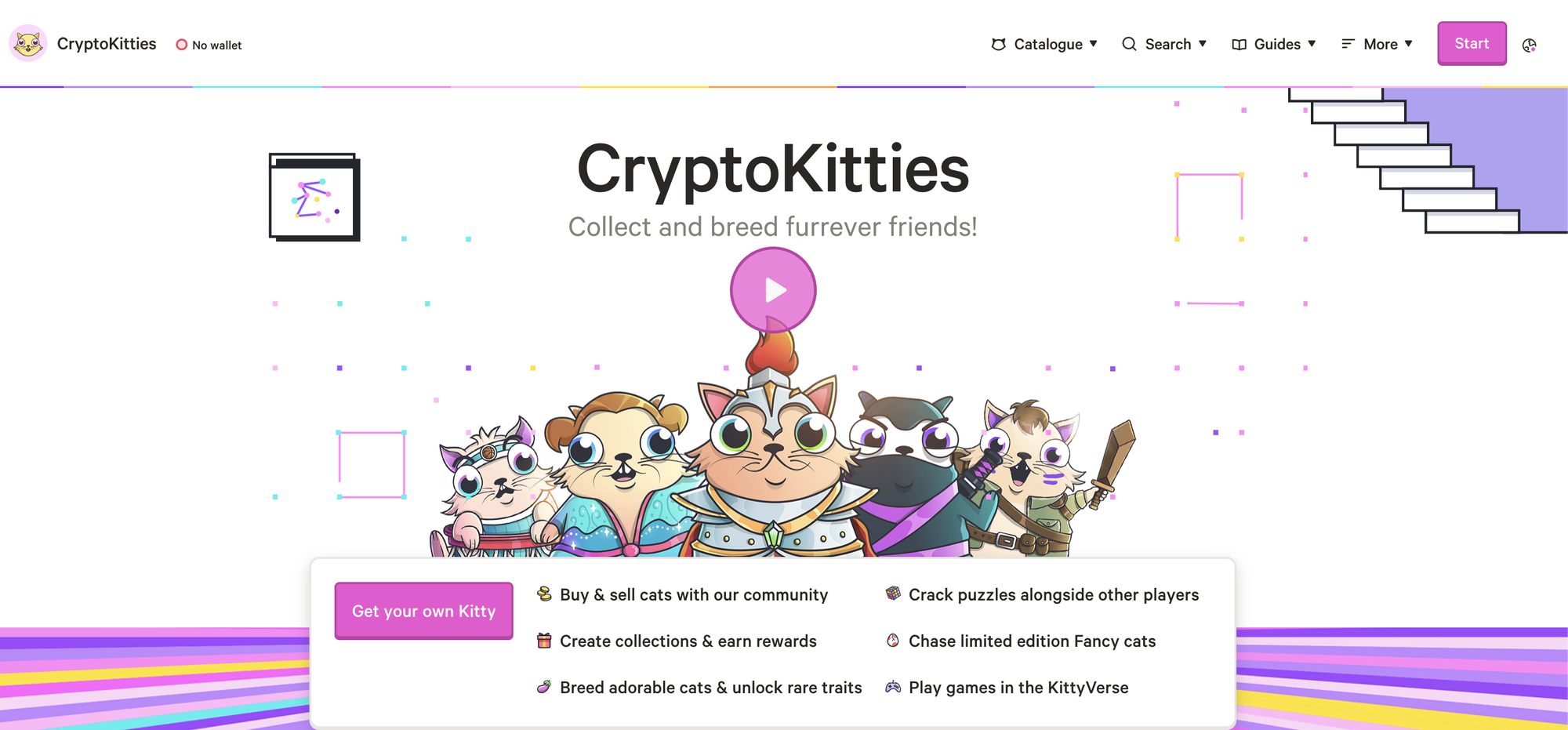 CryptoKitties is a NFT collectible marketplace. Each kitty is one-of-a-kind and owned by you. It cannot be replicated, taken away, or destroyed.