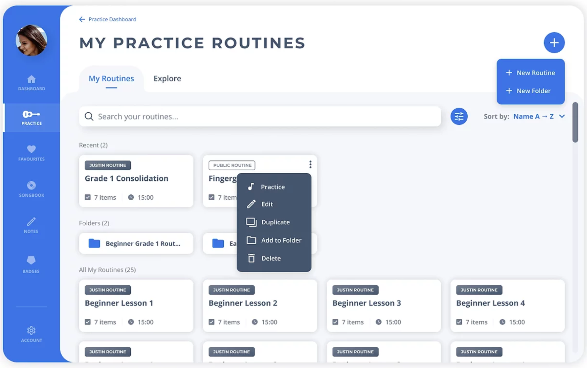 Figure 13: A high fidelity mock-up of the new Justin Guitar practice assistant tool. The tool can be found on the user’s dashboard. The particular page shown is called “My Practice Routines”, which allows users to download or create practice routines and sort them into folders.