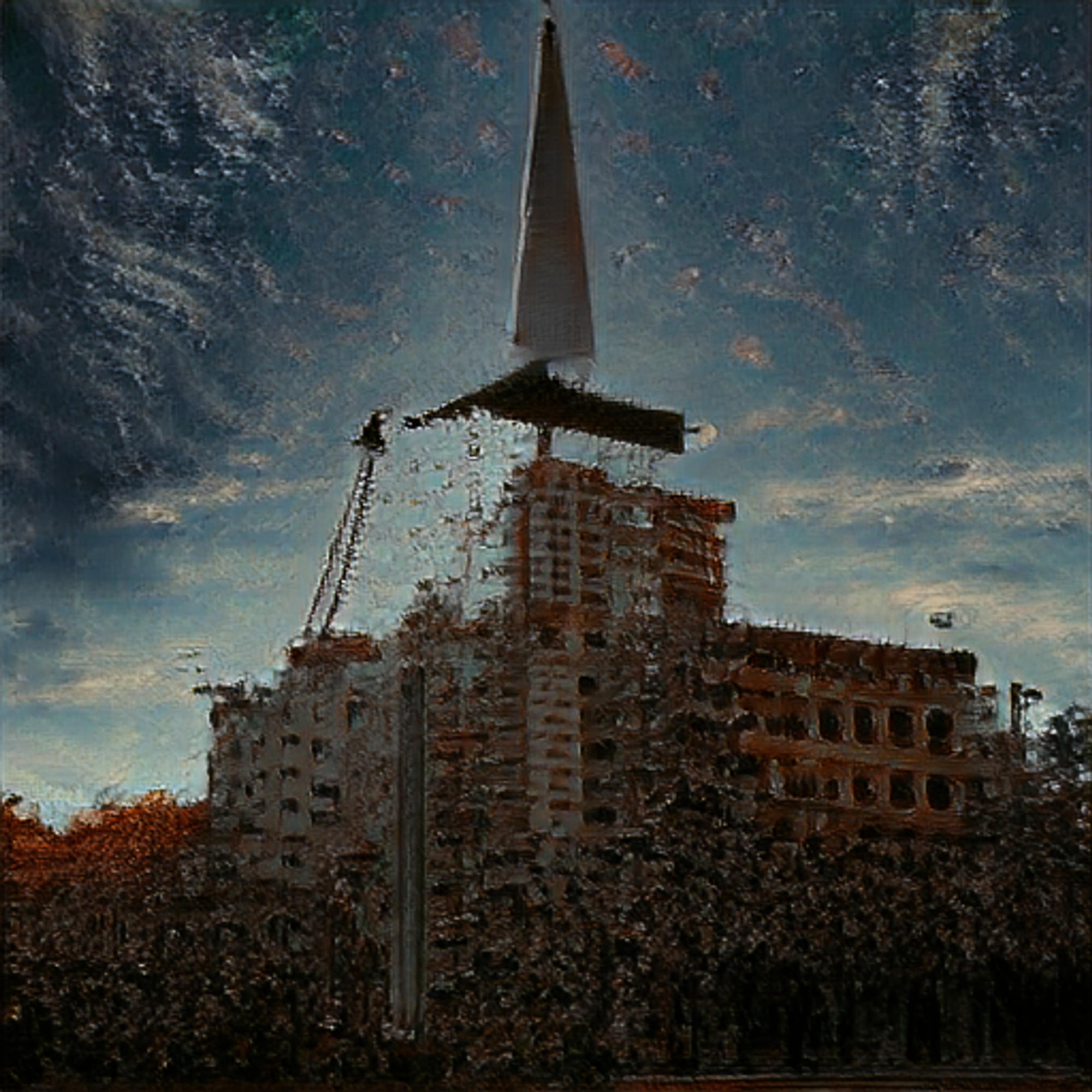 CLIP gives high score to this image and the phrase: "At the end of everything, crumbling buildings and a weapon to pierce the sky"