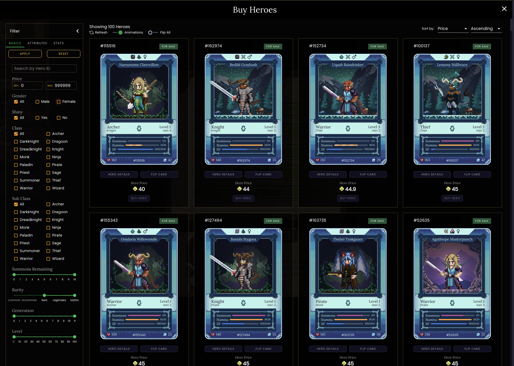Screenshot of what the marketplace/UI for Heros looks like