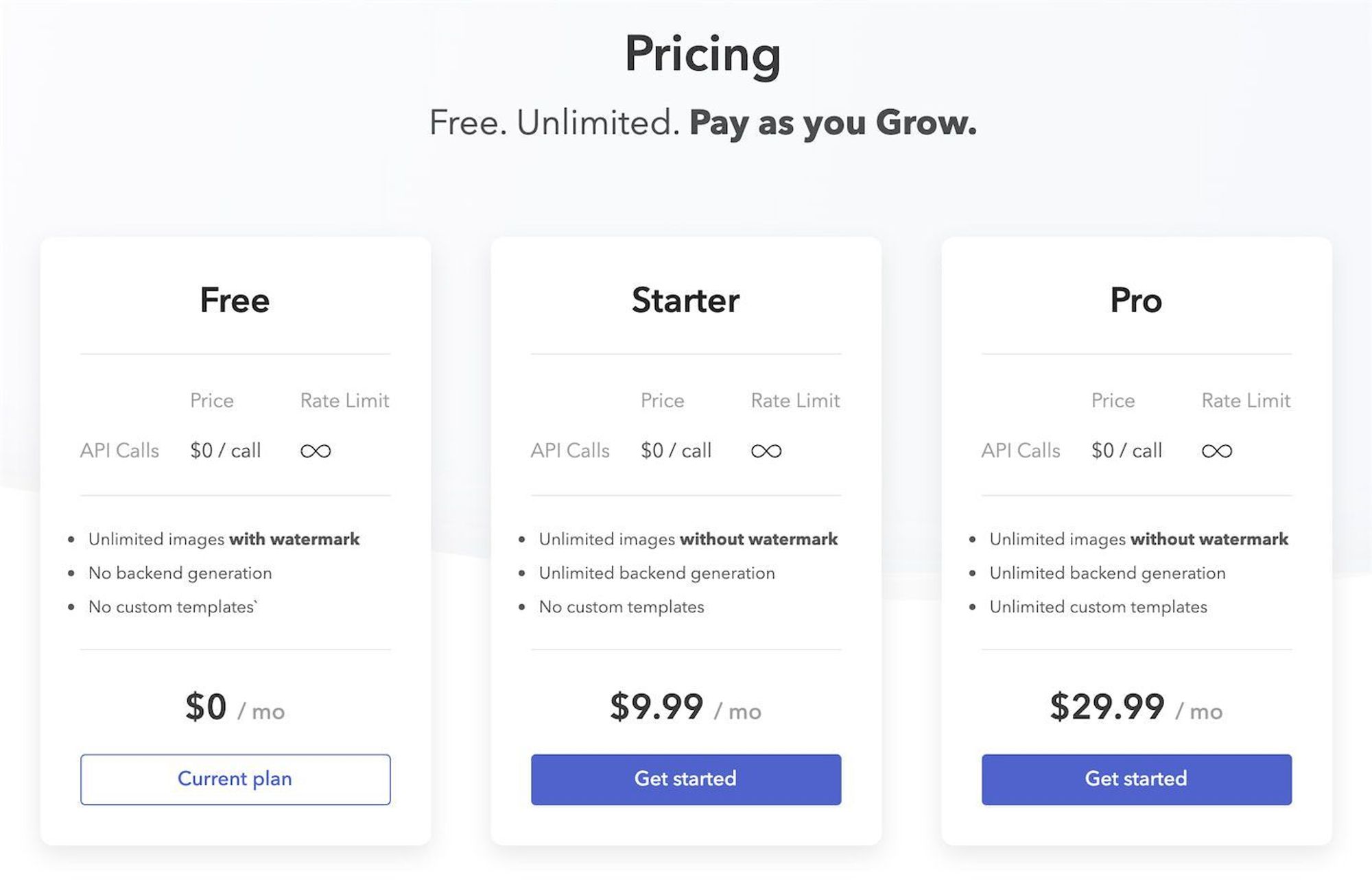 Example of 3 pricing plans with rate limits, metered billing, and custom features.