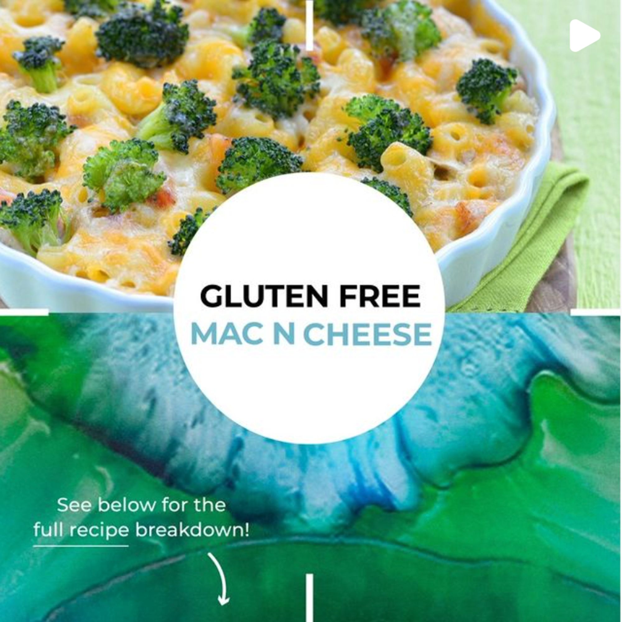 Figure 12: A new Instagram post from PrecisionBiotics. It is extremely colourful and juxtaposes a bowl of gluten free mac n cheese with the new Alflorex watercolour-esq branding. Underneath it says “See below for the full recipe breakdown.”