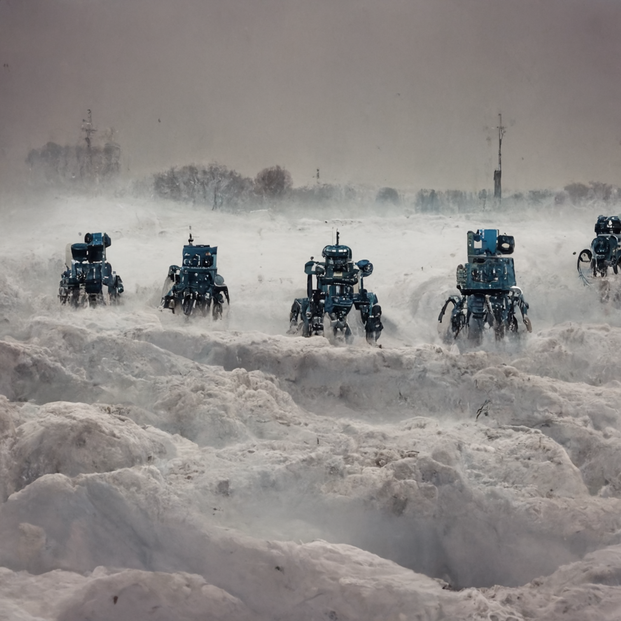 /imagine a cinematic picture of a group of robots migrating through a snowy plain during a storm, sideways, 100m away