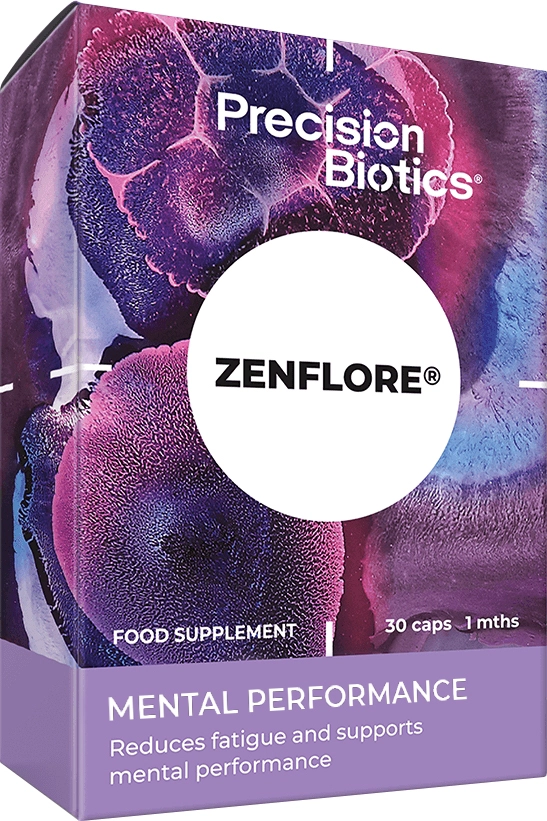 Figure 15: Zenflore’s new branding. It has the new PrecisionBiotics logo overtop of a colourful, funky patterned blue and purple design. The text on the box says “Zenflore - Mental performance. Reduces fatigue and supports mental performance.”