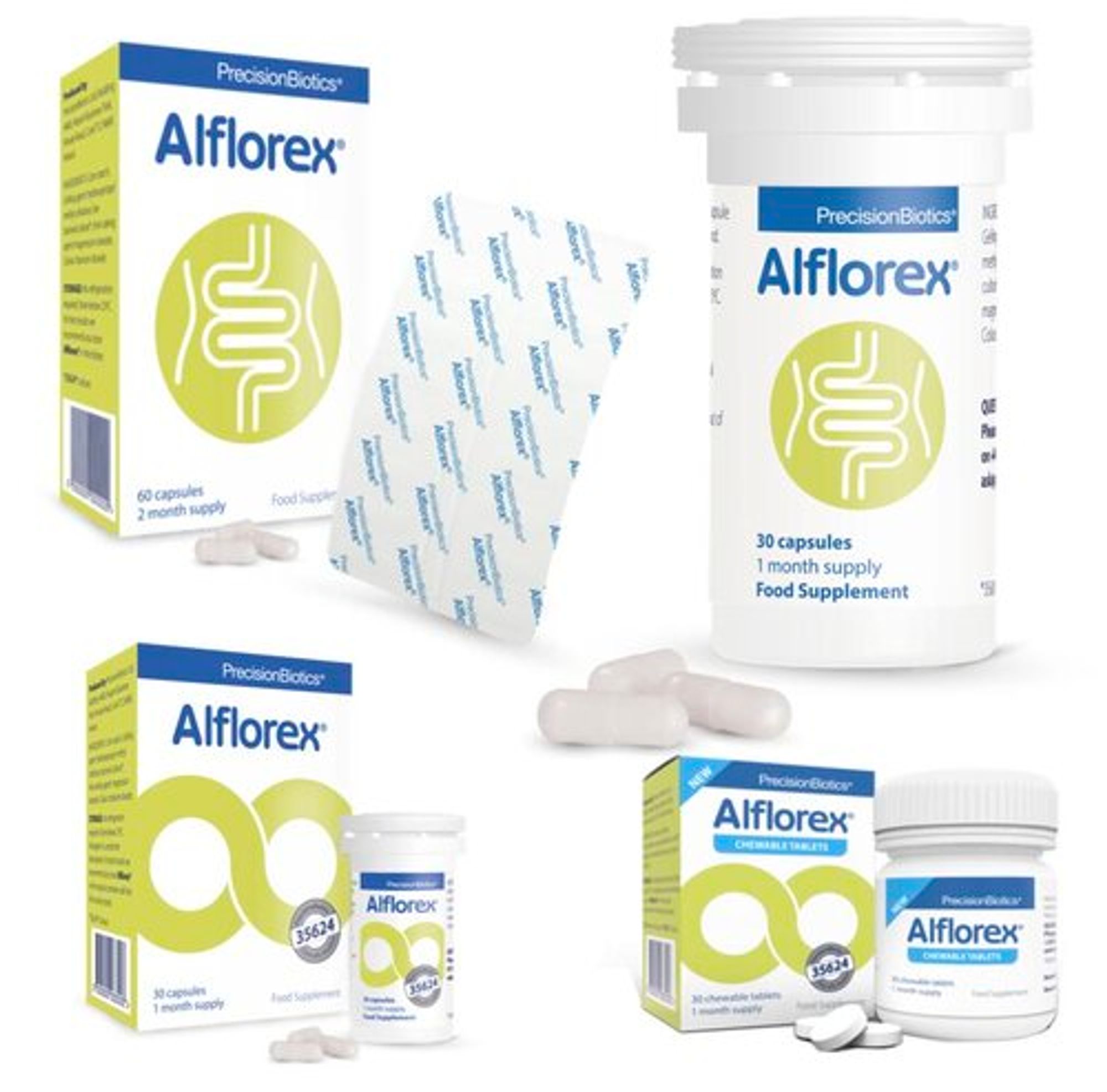Figure 2: Images of the old Alflorex branding. There are four different examples of Alflorex packaging in this image. All of the packaging is blue, green and white. At the top right there is an Alflorex box showing the shape of a stomach and intestines in the background, with a blister pack of and 3 pill capsules in the foreground. At the top left there is a cylindrical, child-locked bottle with a few pill capsules in front. At the bottom right, there is different Alflorex packaging with the shape of an infinity sign and stamp saying the bacterial strain has been researched in clinical trials on. In front of this is another cylindrical, child-locked bottle and pill capsules. Finally, on the bottom left there is another Alflorex box with the infinity sign and clinical trial stamp. This is beside a small pill bottle with blue Alflorex branding and three circular pills. 