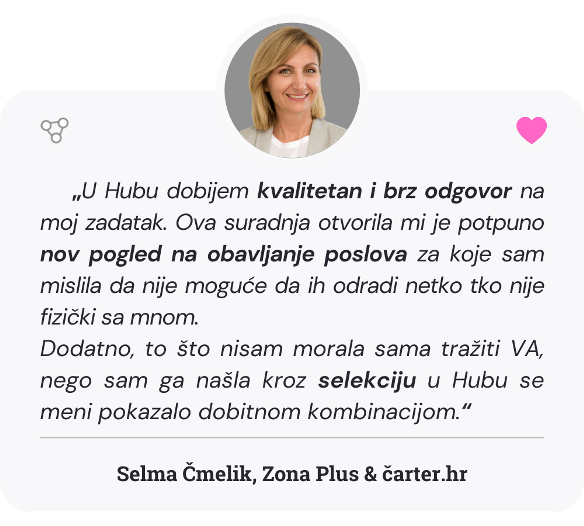 Selma Čmelik vlasnica je agencije za digitalni marketing Zona plus i pokretačica portala čarter.hr. Asistenti Go2human Huba Selmi pomažu kod izrade i prenamjene sadržaja za web.