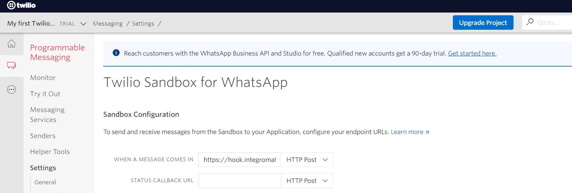 Twillio's Dashboard for WhatsApp Sandbox