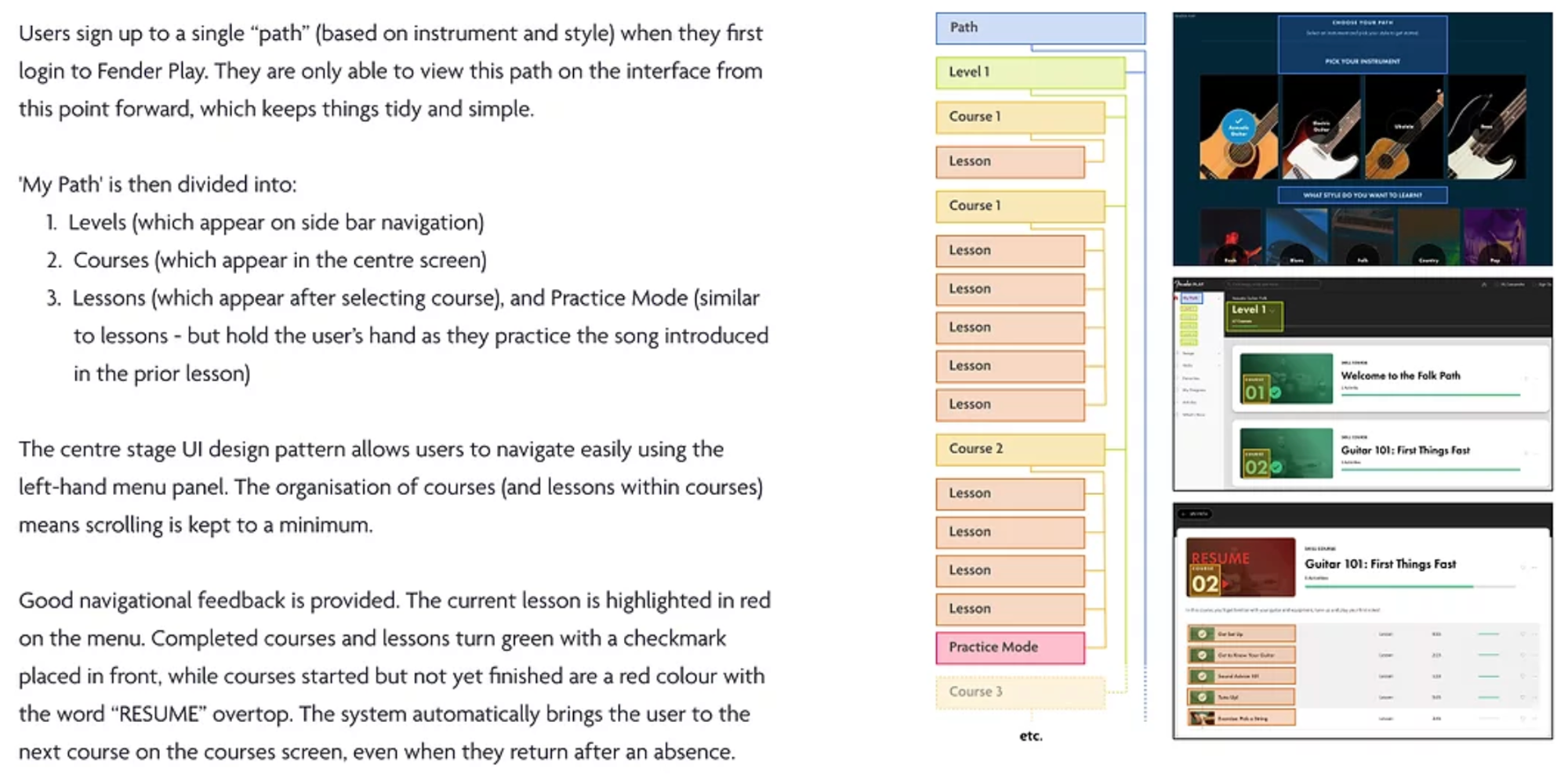 Figure 2: A screenshot of the Justin Guitar insight report. This page is an analysis of the FenderPlay user experience and breaks down the lesson structure, design patterns and navigational experience.