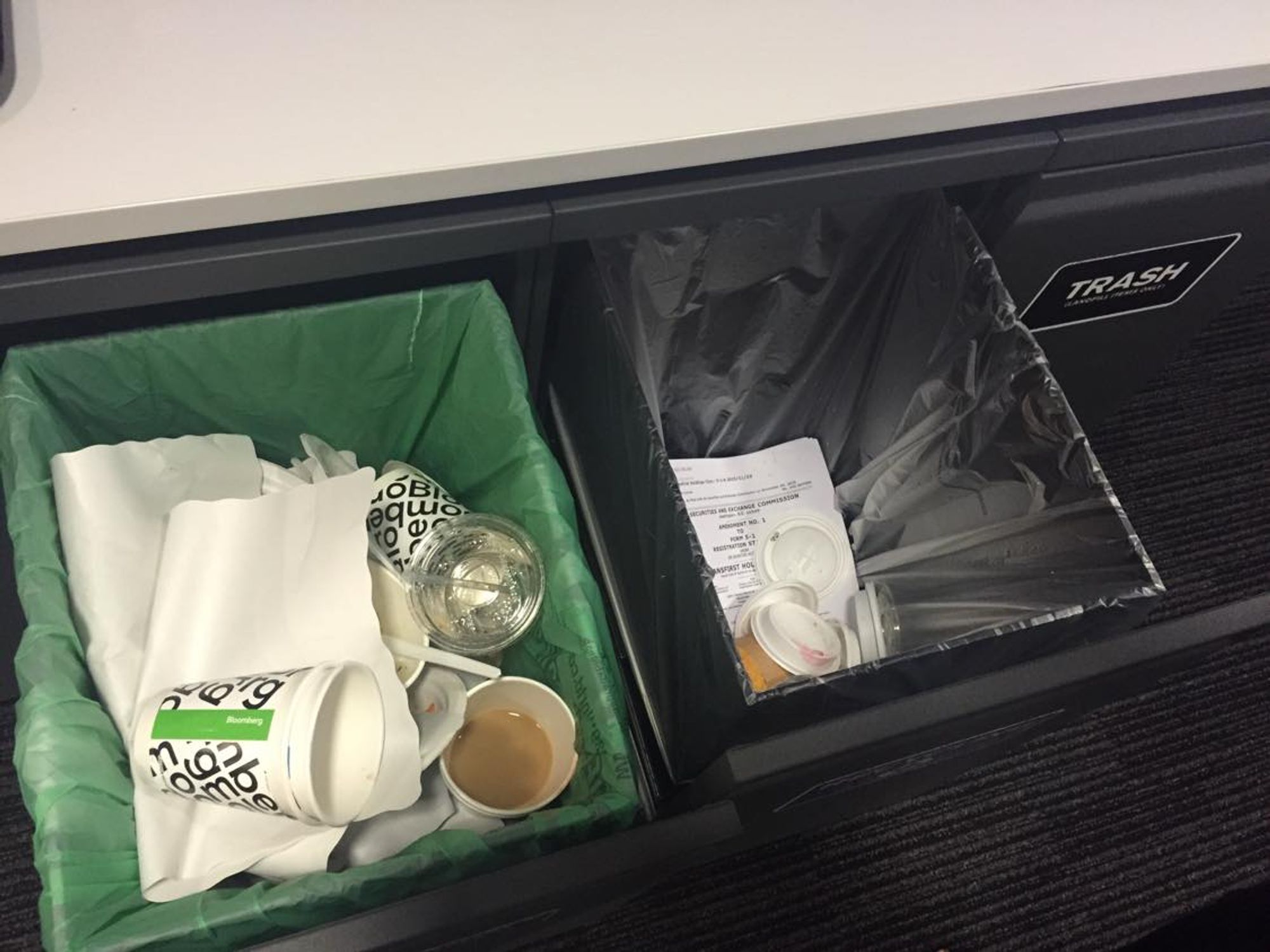 An example of what some of the bins frequently consist of - a mix of compostable, recyclable and landfill items. The green bin on the left is compost, and the black bin on the right is plastic and metal recycling. Note that they contain almost the same items, despite having different requirements for sorting. 