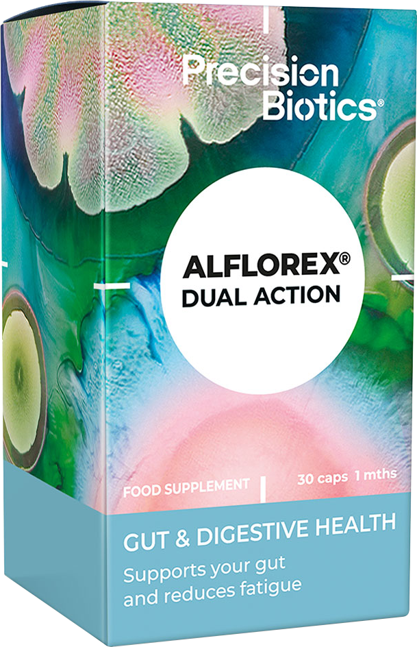 Figure 14: Alflorex’s new branding. There’s a new, more hip and young looking PrecisionBiotics logo placed overtop of an extremely colourful and fun looking box. The text on the box says “Alflorex Dual Action - Gut & Digestive Health. Supports your gut and reduces fatigue.”