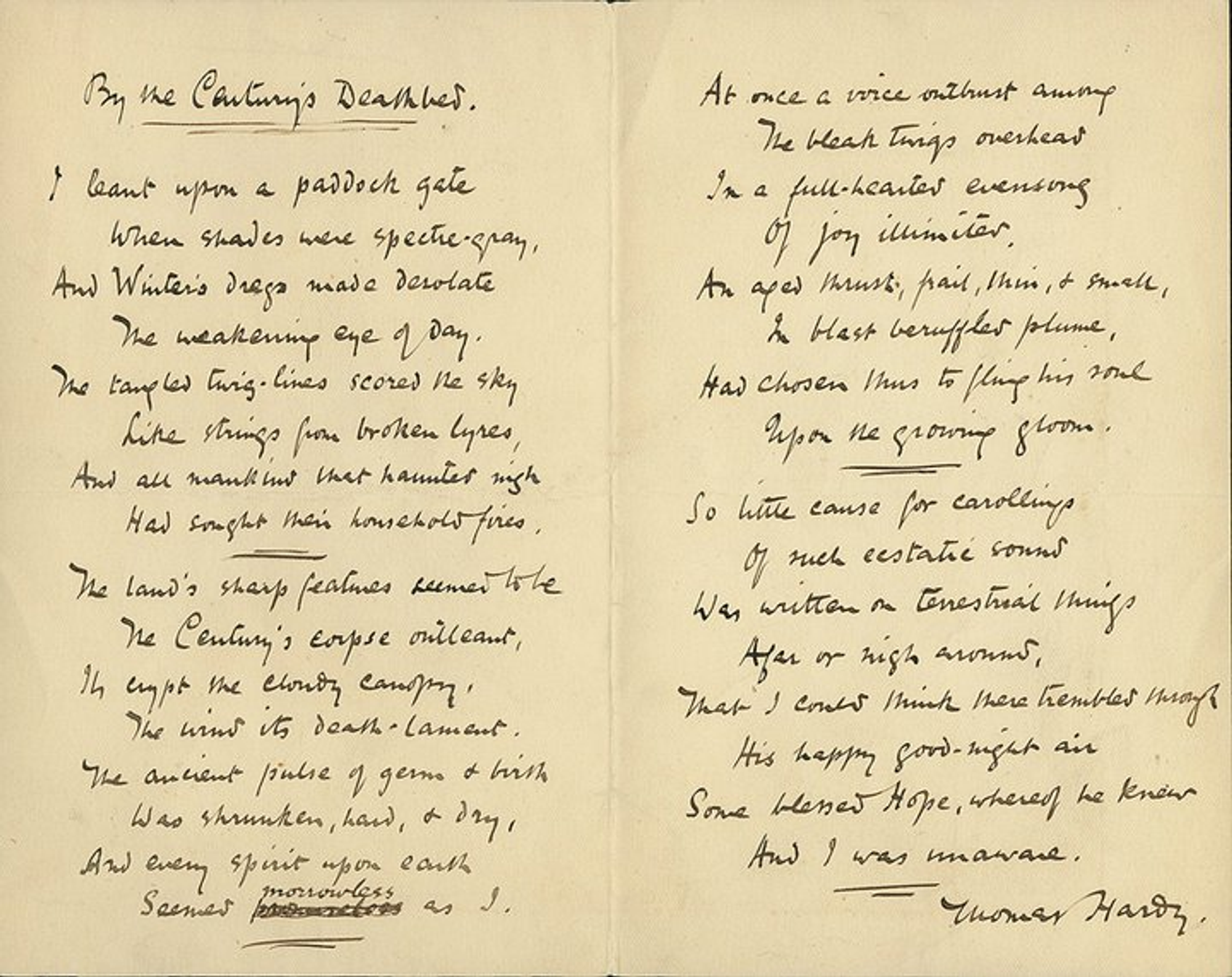 By the Century's Death / Darkling Thrush (as it was later published) written in Thomas Hardy's own handwriting.