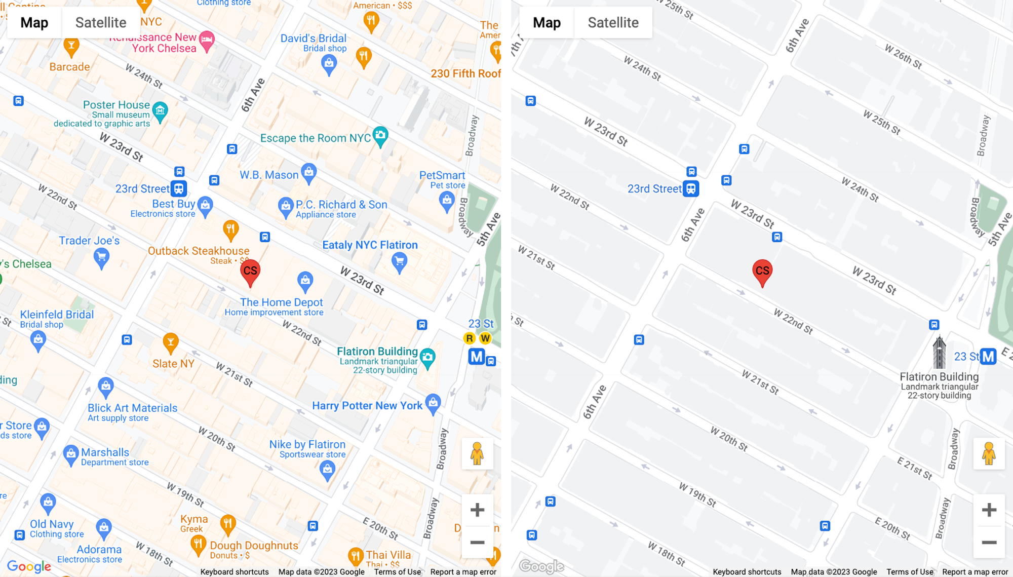 Left: the default Google map.
Right: a retail-optimized Google Map, explained in more detail in the next chapter, .